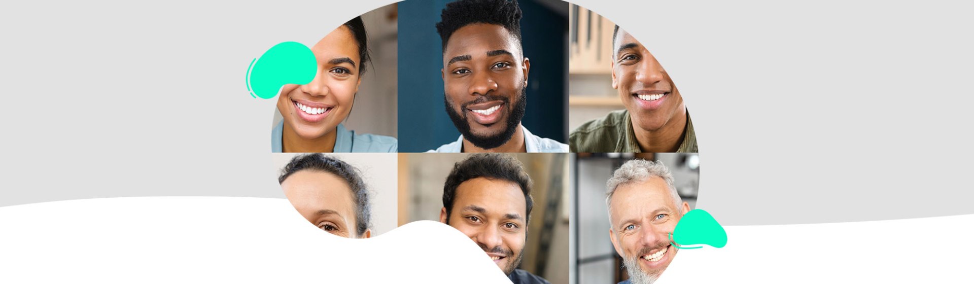 A collage of six diverse people smiling, arranged in a curved, abstract cutout shape against a gray and white background with teal accents, celebrating the TeacherMatic Autumn Community Webinar: Latest updates and user AI insights.