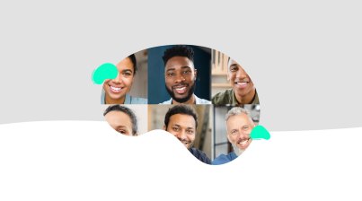 A collage of six diverse people smiling, arranged in a curved, abstract cutout shape against a gray and white background with teal accents, celebrating the TeacherMatic Autumn Community Webinar: Latest updates and user AI insights.