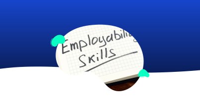 A notebook with "Employability Skills" written on a grid page, partially visible against a blue and white abstract background, highlighting support for career development.
