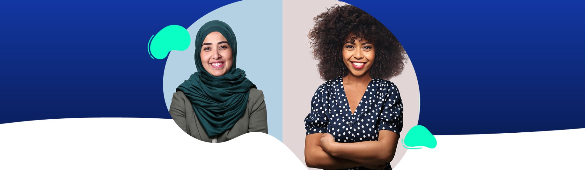 Two women are shown side by side; one is wearing a hijab and smiling, while the other with curly hair stands confidently with arms crossed, both set against a stylized blue and white background, ready for impactful presentations.