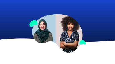 Two women are shown side by side; one is wearing a hijab and smiling, while the other with curly hair stands confidently with arms crossed, both set against a stylized blue and white background, ready for impactful presentations.
