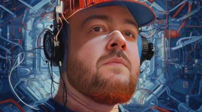 A man wearing headphones and an orange hat with a visor, set against a detailed backdrop featuring intricate mechanical parts.