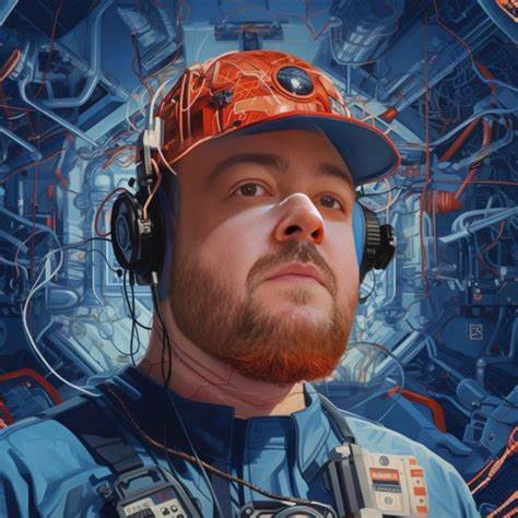 A man wearing headphones and an orange hat with a visor, set against a detailed backdrop featuring intricate mechanical parts.