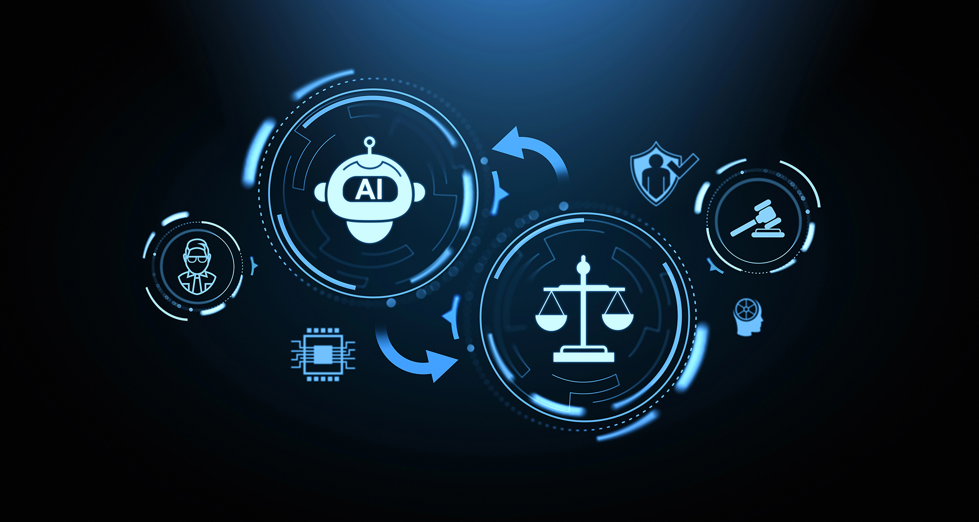A digital graphic shows interconnected icons of artificial intelligence, a scale of justice, a judge's gavel, a shield, a microchip, and a person—highlighting responsible AI adoption in universities and legal concepts in education.