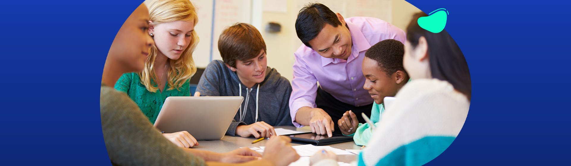 In an Autumn-themed TeacherMatic community webinar, a group of students and a teacher engage in lively discussions around a table, exploring the latest updates and user AI insights with tablets and notebooks.