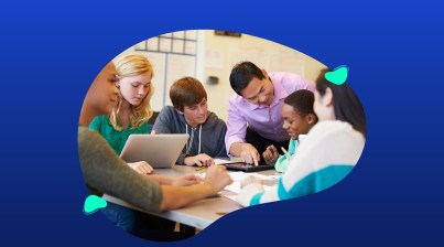 In an Autumn-themed TeacherMatic community webinar, a group of students and a teacher engage in lively discussions around a table, exploring the latest updates and user AI insights with tablets and notebooks.