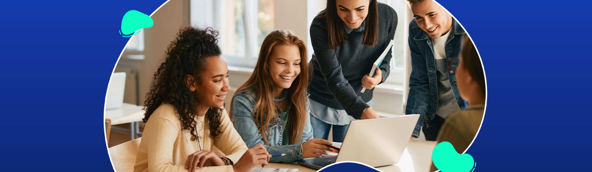 Group of four people smiling and collaborating around a laptop in a classroom setting, with a blue background and abstract shapes.