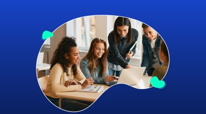 Group of four people smiling and collaborating around a laptop in a classroom setting, with a blue background and abstract shapes.