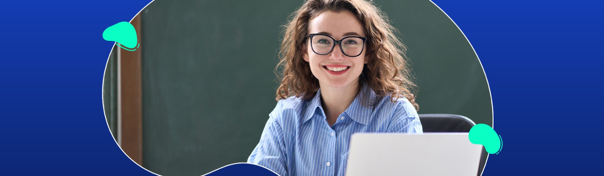 A person with curly hair, wearing glasses and a striped shirt, sits at a laptop against a blue and green abstract background.