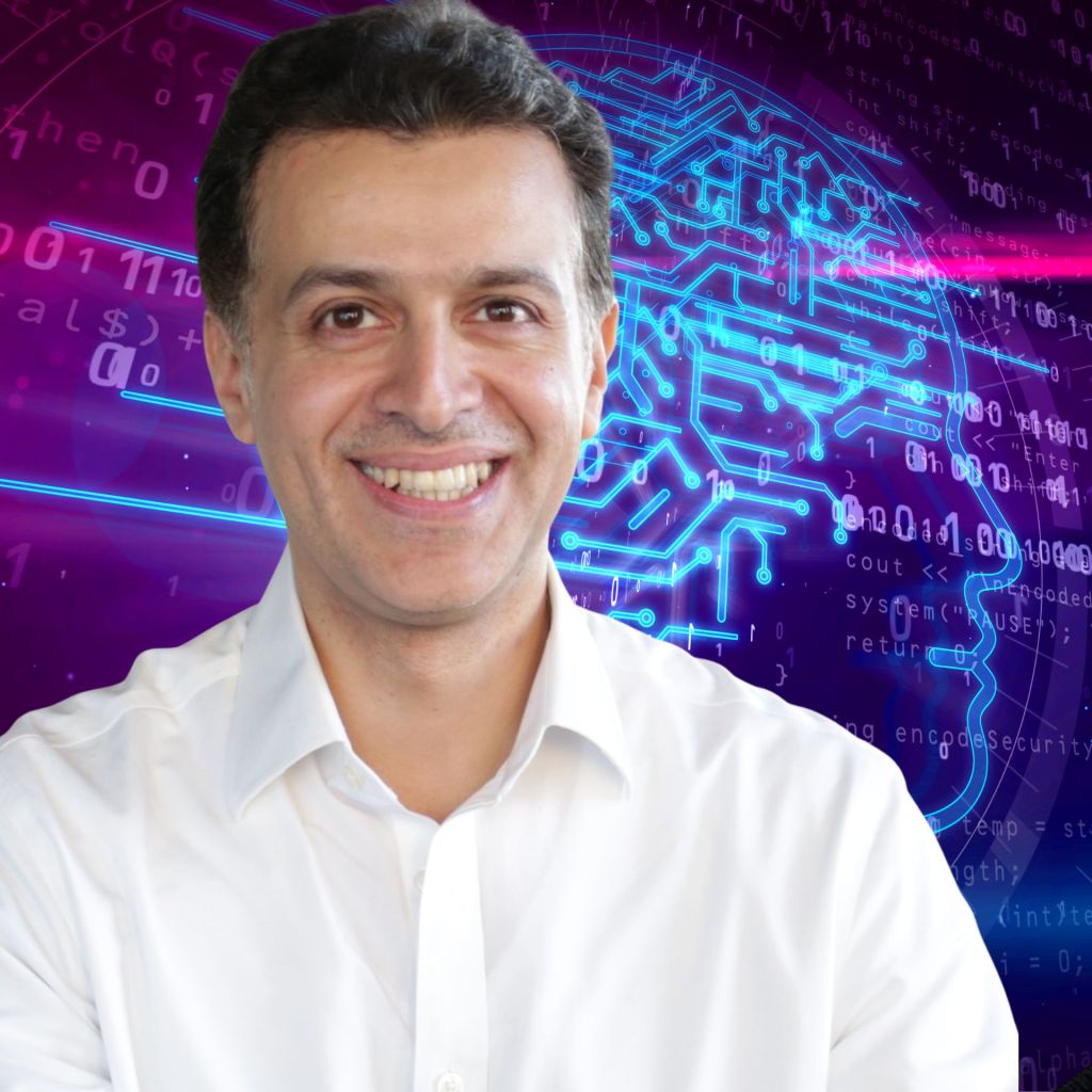 A smiling man against a background with digital brain and binary code graphics.