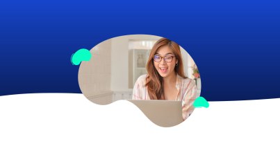 A woman with glasses sits indoors, smiling at her laptop as she explores the Getting Started with TeacherMatic Course, backed by a blue and white abstract graphic.
