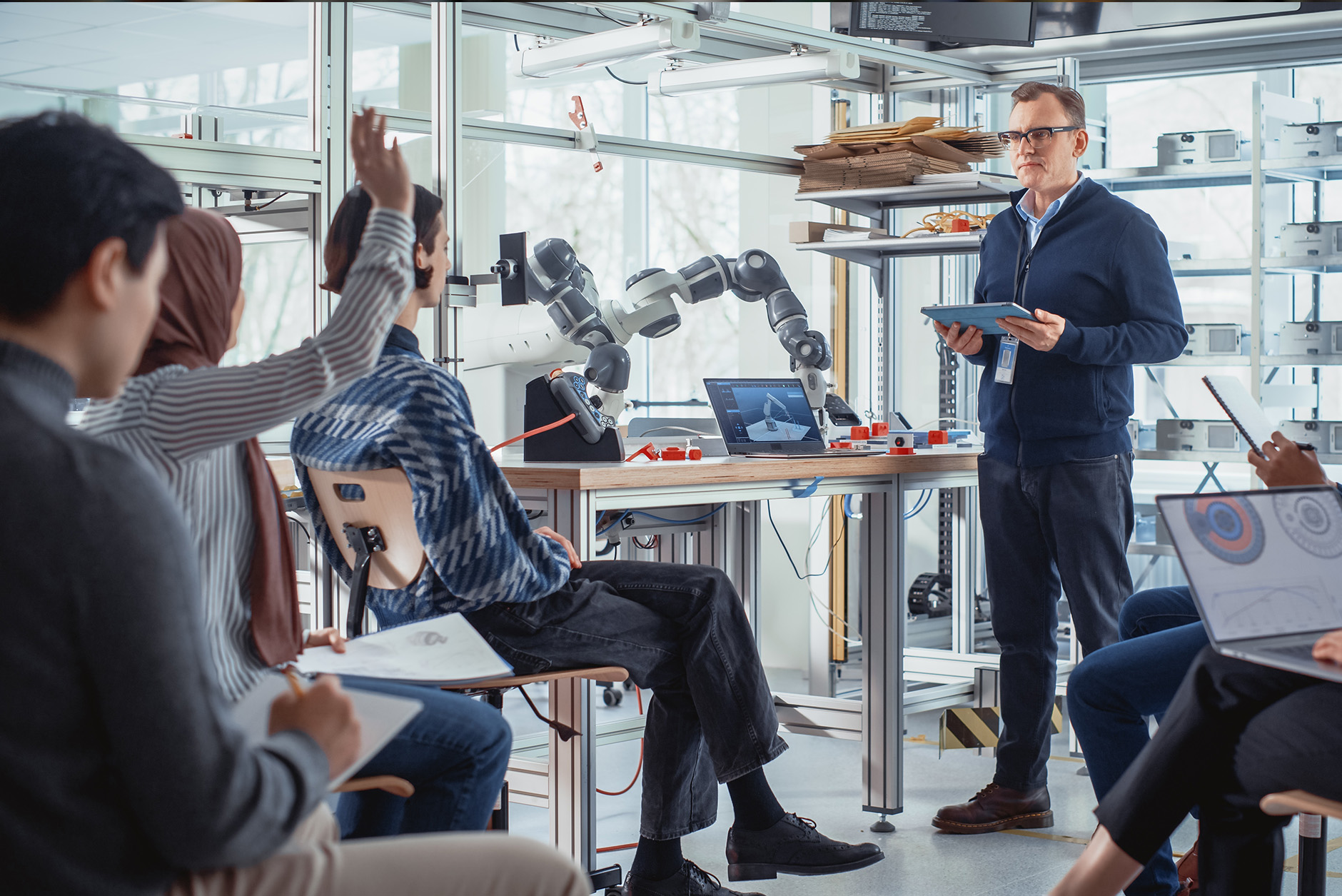 A group of students listens as a teacher presents in a lab. One student raises their hand. A robotic arm and open laptop are on the table in the background.