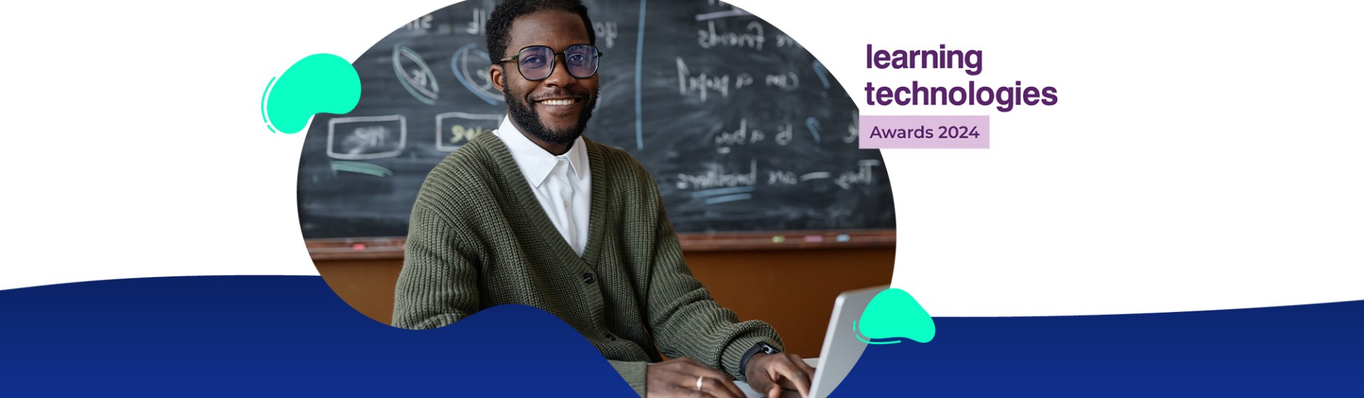 A person with glasses and a green cardigan sits at a laptop in a classroom, with "TeacherMatic’s Shortlisting at the 2024 Learning Technologies Awards" text overlayed on the right.