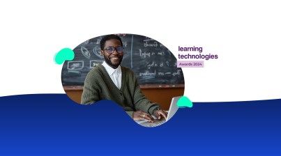 A person with glasses and a green cardigan sits at a laptop in a classroom, with "TeacherMatic’s Shortlisting at the 2024 Learning Technologies Awards" text overlayed on the right.