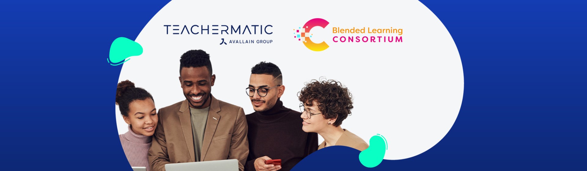 A group of four people examine a laptop and phone, surrounded by logos of Teachermatic and the Blended Learning Consortium. The blue background with abstract shapes highlights how technology is transforming vocational education through these innovative platforms.
