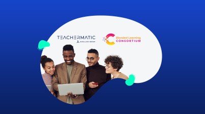 A group of four people examine a laptop and phone, surrounded by logos of Teachermatic and the Blended Learning Consortium. The blue background with abstract shapes highlights how technology is transforming vocational education through these innovative platforms.