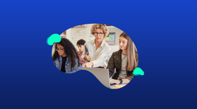A teacher stands and gestures while assisting two students working on laptops in a classroom setting, with a blue abstract background.