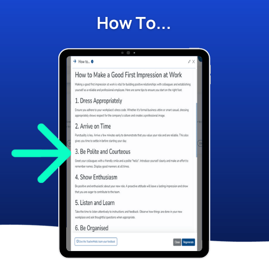 A tablet screen displays a list titled "How to Make a Good First Impression at Work," featuring an arrow highlighting the tip "Be Polite and Courteous," showcasing how AI to prepare students for professional success.
