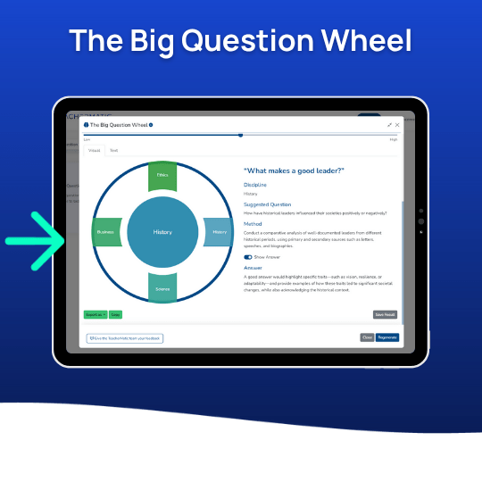 A tablet screen displays "The Big Question Wheel," showing a circular diagram with labeled sections including Business, Ethics, Science, and History—using AI to prepare students for diverse topics.