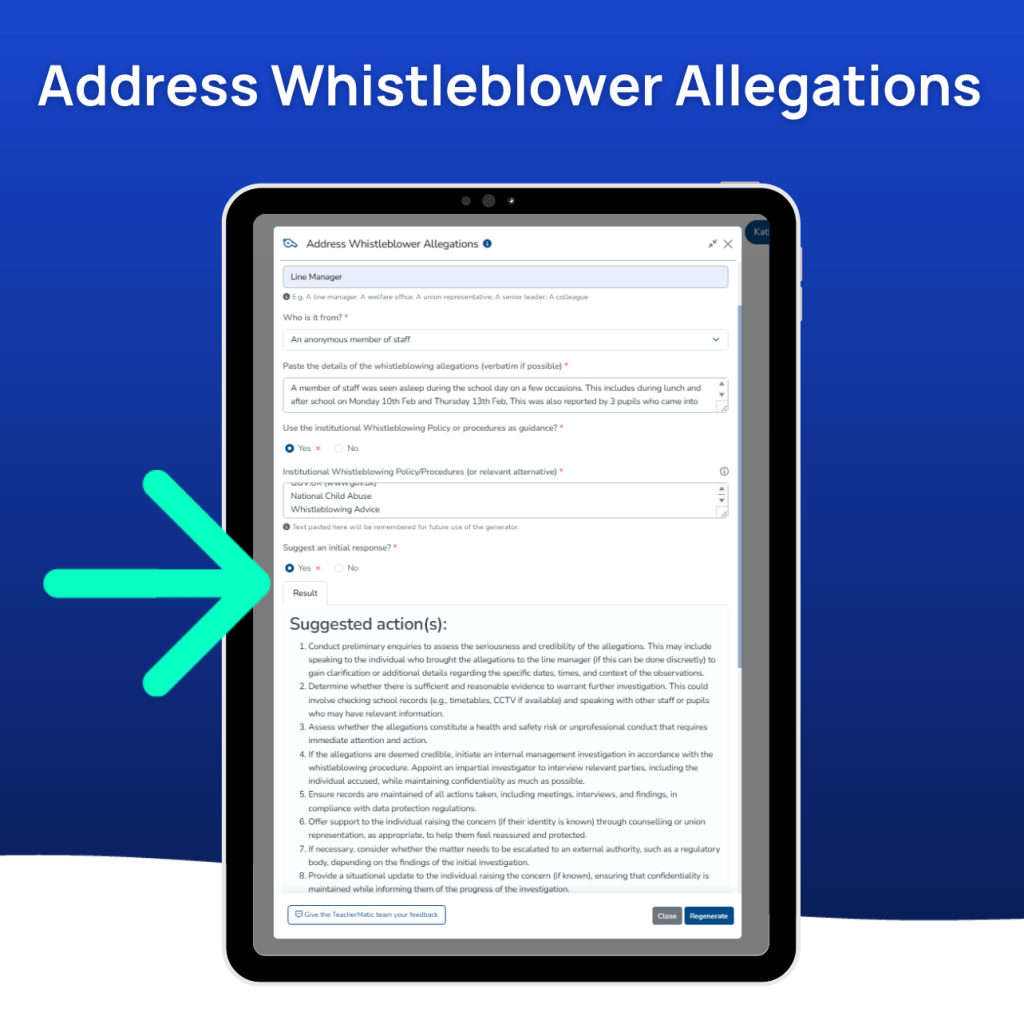 A tablet screen displays a form titled "Address Whistleblower Allegations," outlining steps and suggested actions—offering a glimpse into a week in the life of a School Leader, against a blue background with an arrow pointing to the screen.