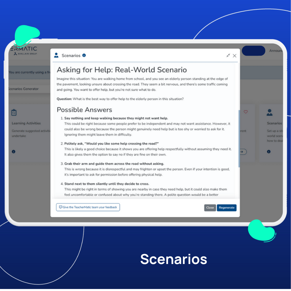 A computer screen displays a scenario about asking for help, offering four possible responses on how to assist an elderly person—support Mental Health Awareness Week with AI tools that make a difference in education.