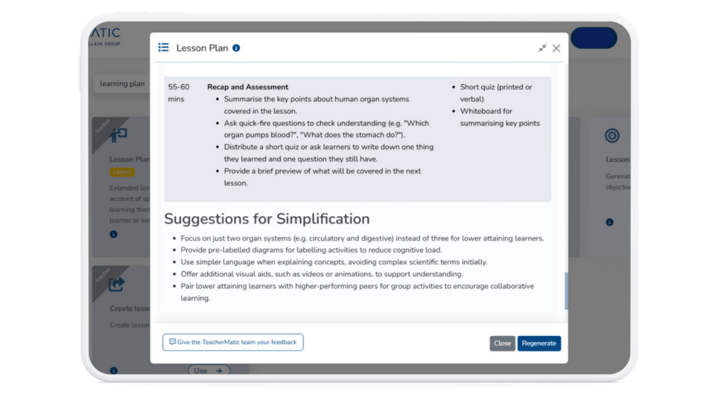 A computer screen displays a lesson plan from the Teacher’s AI Survival Kit, featuring a recap and assessment section, suggestions for simplification, and options to close or regenerate the plan at the bottom.