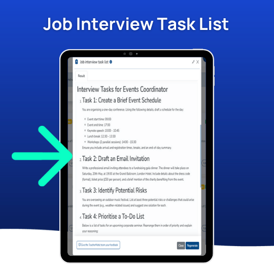 A tablet displays a job interview task list for an events coordinator, highlighting “Task 2: Draft an Email Invitation” with a large teal arrow—showcasing how AI to prepare students can enhance readiness for real-world tasks.