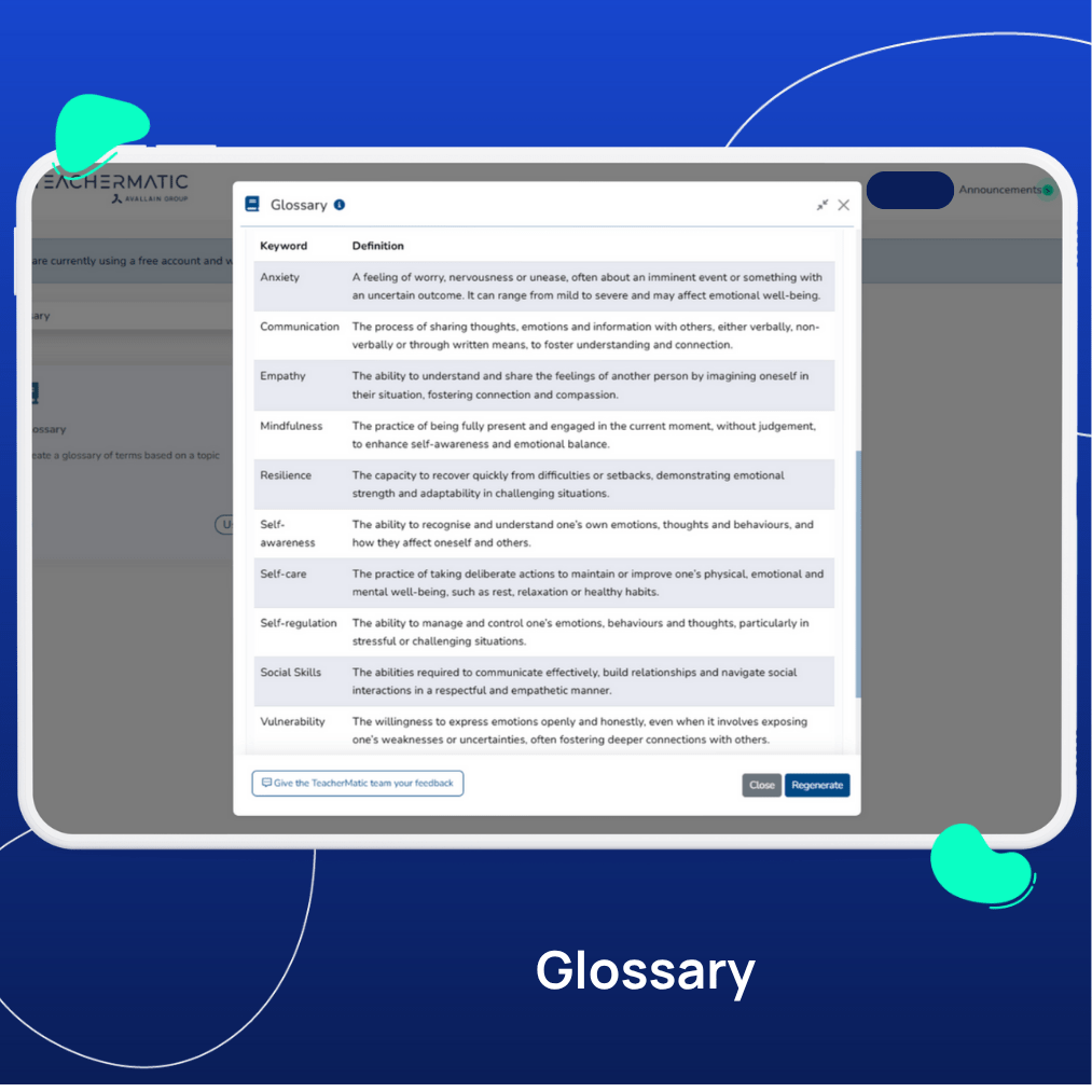 A digital glossary window lists keywords and definitions for terms like anxiety, empathy, mindfulness, and social skills on a computer screen—support Mental Health Awareness Week with AI tools that make a difference in education. "Glossary" is written below.