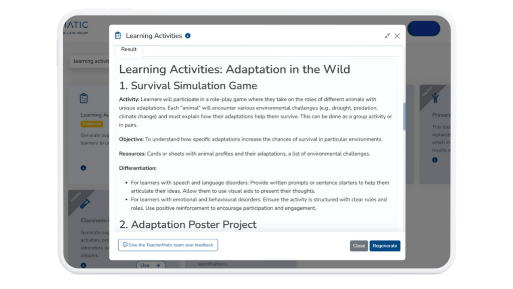 A computer screen displays a lesson plan for "Learning Activities: Adaptation in the Wild," featuring a Survival Simulation Game, an Adaptation Poster Project, and ideas from the Teacher’s AI Survival Kit.