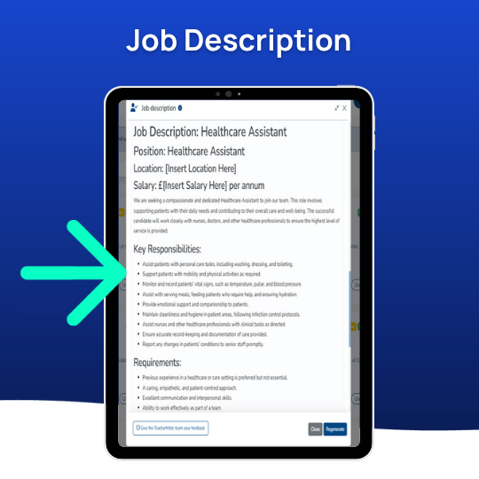 A tablet screen displays a job description for a Healthcare Assistant, with a blue arrow pointing to the key responsibilities section, highlighting how AI to prepare students for real-world healthcare roles is integrated.
