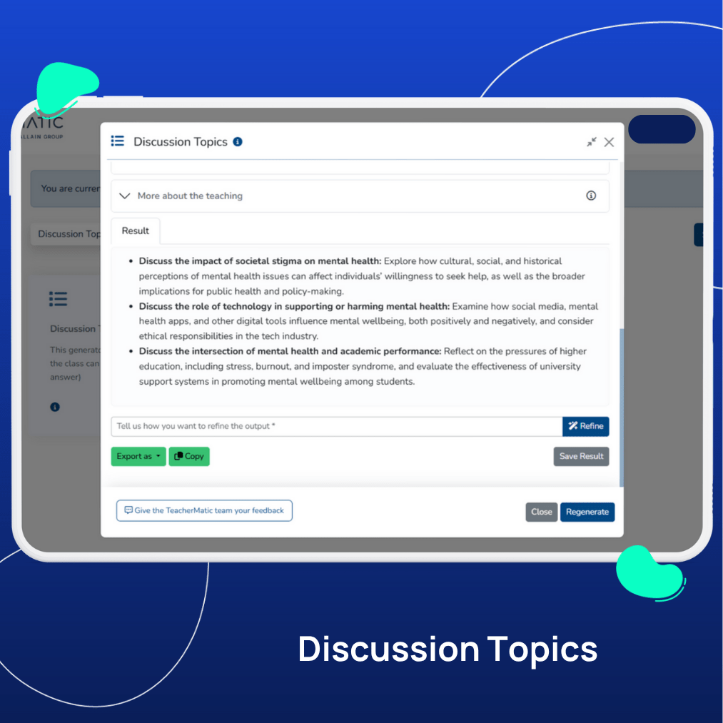 A tablet screen displays a list of discussion topics about mental health, highlighting ways to support Mental Health Awareness Week with AI tools that make a difference in education, from addressing stigma to promoting well-being.