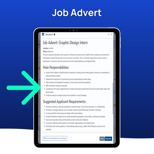 A tablet displays a graphic design intern job advert, with main responsibilities highlighted by a blue arrow, against a blue background—showcasing how AI is used to prepare students for real-world opportunities.
