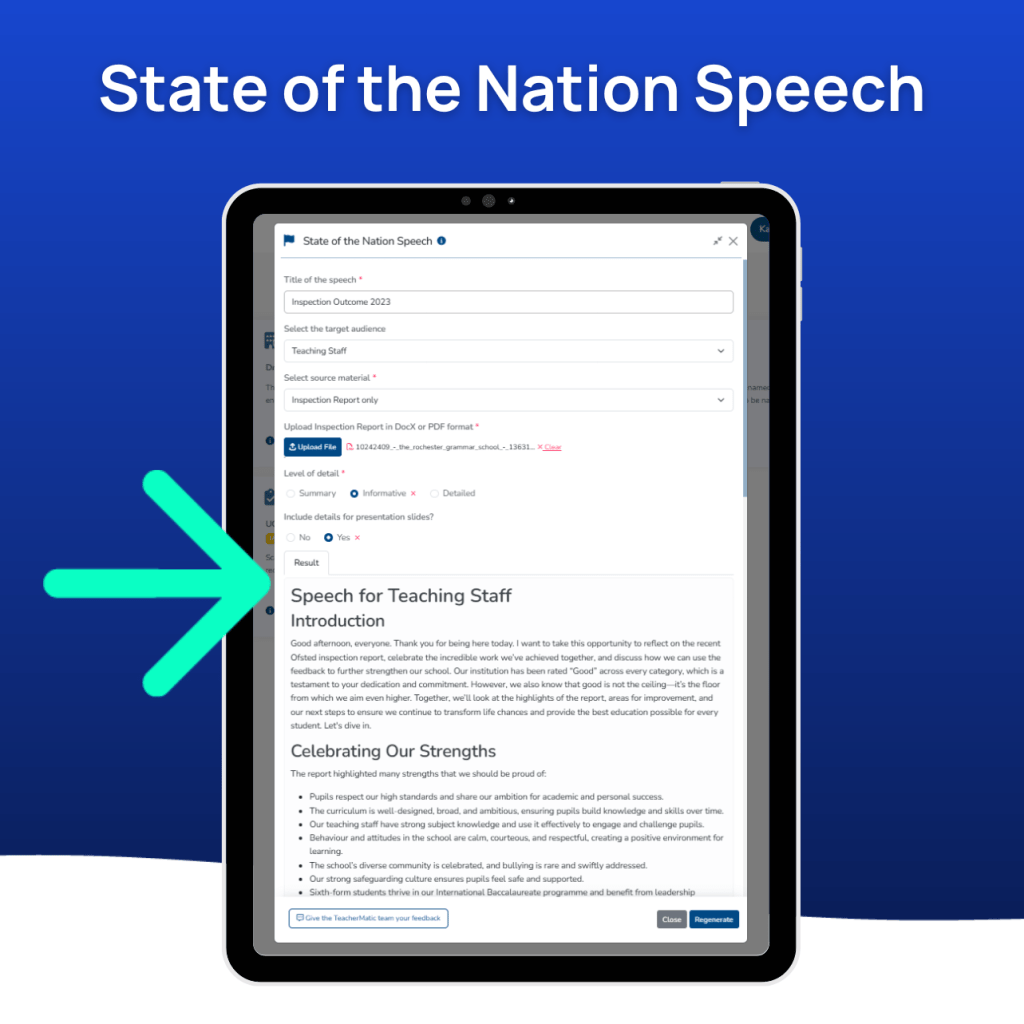 A tablet screen displays a form titled "State of the Nation Speech," with an arrow pointing to the "Speech for Teaching Staff" section, offering a glimpse into a week in the life of a School Leader.
