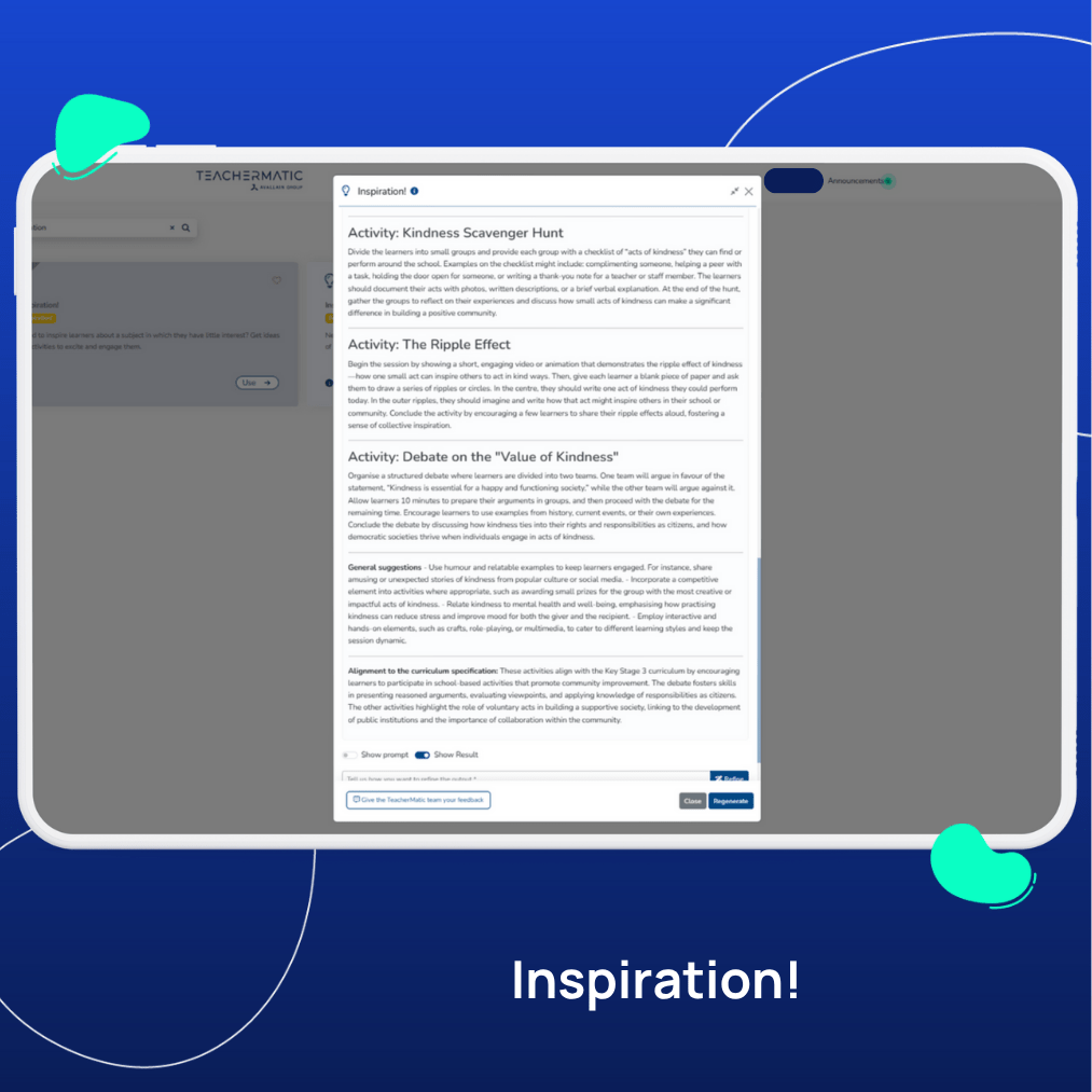 Screenshot of a computer screen displaying a list of kindness-related classroom activities on a website, supporting Mental Health Awareness Week with AI tools that make a difference in education. The word "Inspiration!" appears below on a blue background.