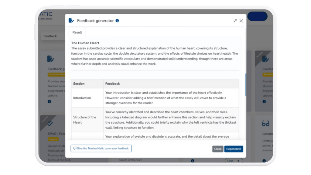 A computer screen displays a feedback generator tool from the Teacher’s AI Survival Kit, showing detailed comments on a student essay about the human heart, organized into sections like Introduction and Structure of the Heart.
