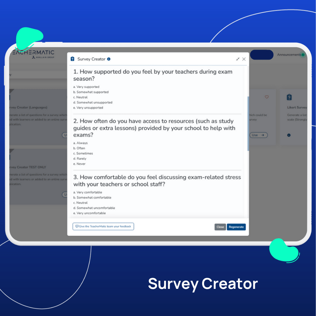A tablet screen displays a survey with questions about students' support from teachers, access to resources, and exam-related stress—highlighting how AI tools can Support Mental Health Awareness Week and make a difference in education.