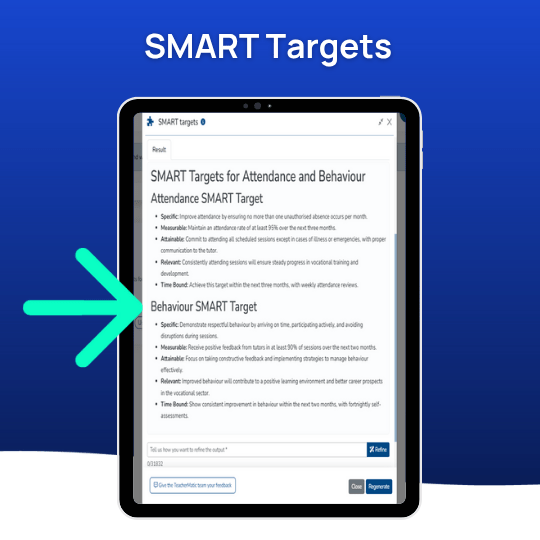 A tablet displays a document titled "SMART Targets for Attendance and Behaviour," with a large green arrow pointing to the "Behaviour SMART Target" section, highlighting how AI to prepare students can support goal-setting.