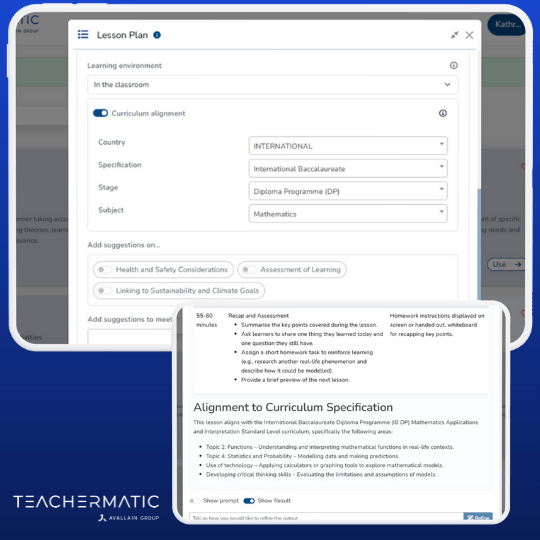 A screenshot of the Teachermatic platform displays a lesson plan form featuring curriculum alignment details and a dedicated section on alignment to curriculum specification.