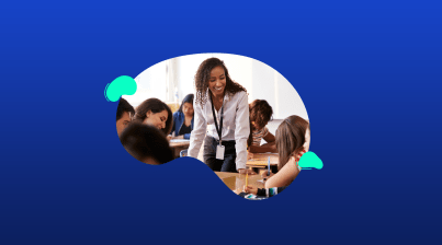 A teacher stands and interacts with seated students in a classroom, all appearing engaged in discussion or study, against a blue abstract background.