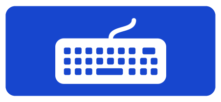 White computer keyboard icon with a cord on a blue rectangular background.