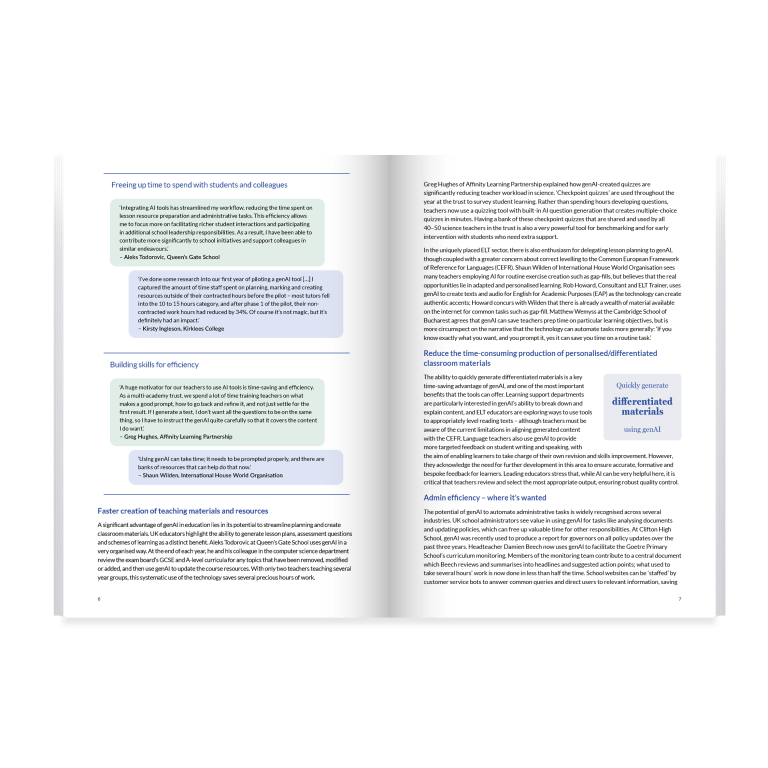 Open book with text and highlighted quotes on both pages. Sections discuss time management, building skills, material creation, and administrative efficiency.
