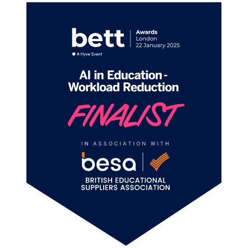 A blue banner shows the Bett Awards 2025 finalist badge for AI in Education - Workload Reduction, associated with the British Educational Suppliers Association.