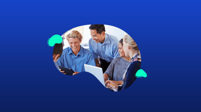 Four people sit and stand around a table, looking at a tablet and smiling, with a blue background and abstract shapes framing the photo.