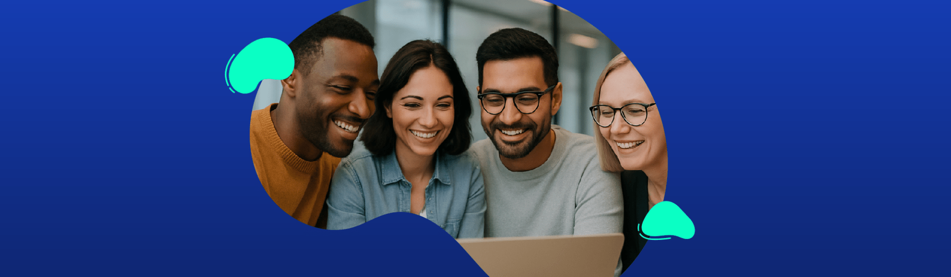 Four people sit closely together, smiling as they look at a laptop screen, against a blue background with abstract green shapes—support Mental Health Awareness Week with AI tools that make a difference in education.