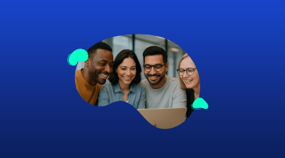 Four people sit closely together, smiling as they look at a laptop screen, against a blue background with abstract green shapes—support Mental Health Awareness Week with AI tools that make a difference in education.