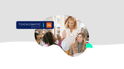 A teacher high-fives a student in a library while two other students watch; TeacherMatic and Jisc logos appear in the top left corner.