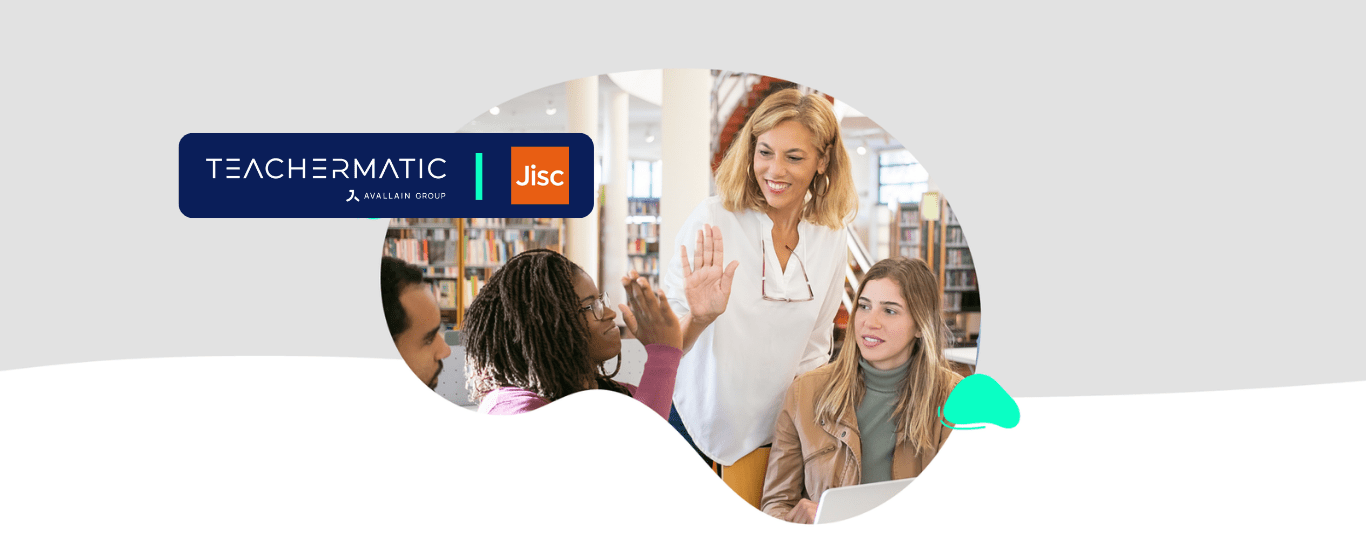 A teacher high-fives a student in a library while two other students watch; TeacherMatic and Jisc logos appear in the top left corner.