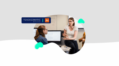 Two women have a discussion in an office setting with computer monitors; TeacherMatic and Jisc logos appear above them, highlighting the TeacherMatic and Jisc Partnership Launch Webinar.