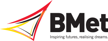 Logo of bmet, featuring stylized red and yellow elements alongside the text "bmet" and the tagline "inspiring futures, realizing dreams with AI-assisted teaching.