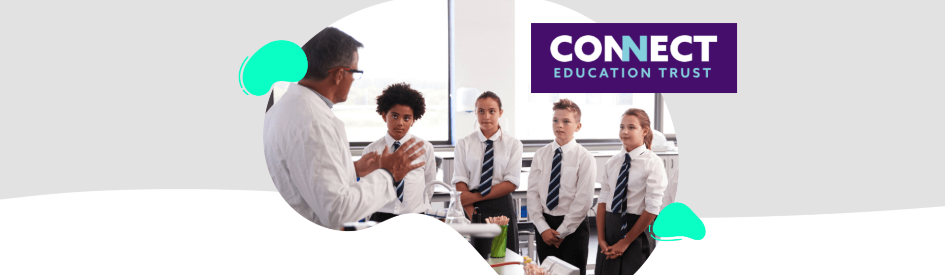 A teacher from Connect Education Trust explains a science experiment to four students in school uniforms. The "Connect Education Trust" logo appears in the top right corner.